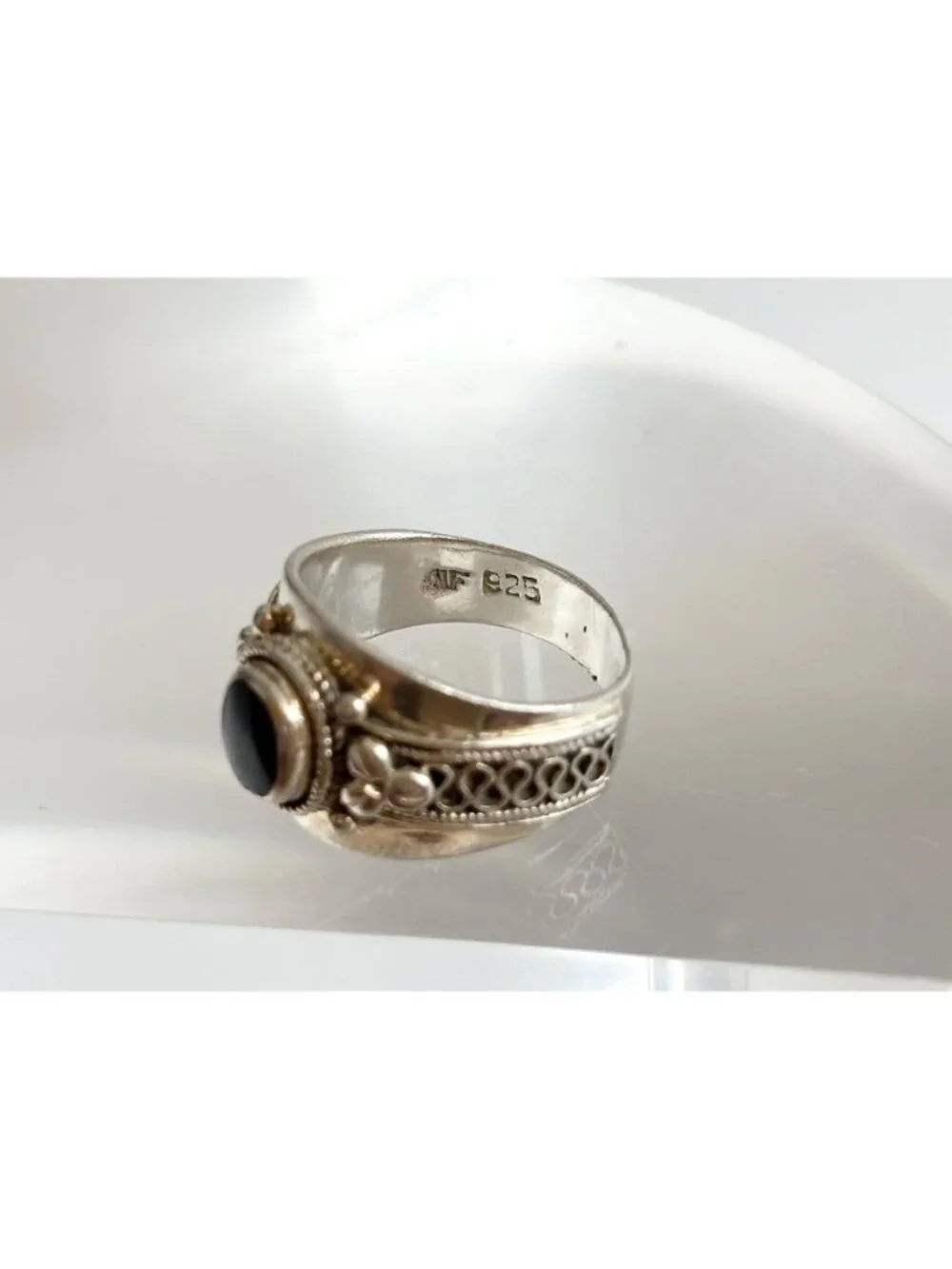 Thai Made Made Black Onyx Rope Chunky Sterling Silver 925 Vintage Ring - sz 6